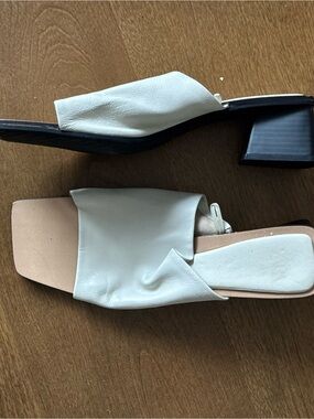 Zara Off-White Leather Low Block Heel Slide Mules
